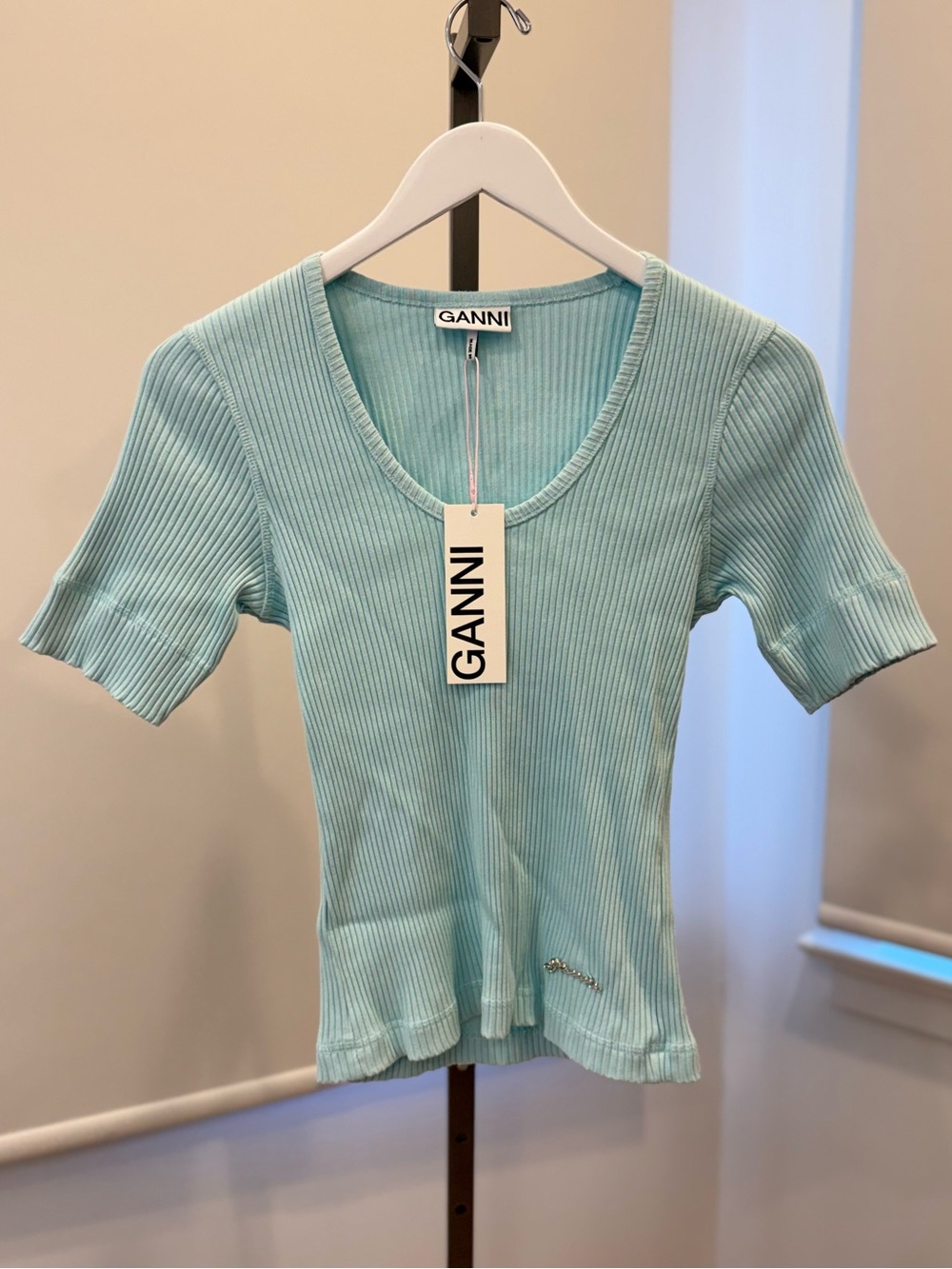 GANNI Heavy Cotton Rib Short Sleeve Top - Iced Aqua